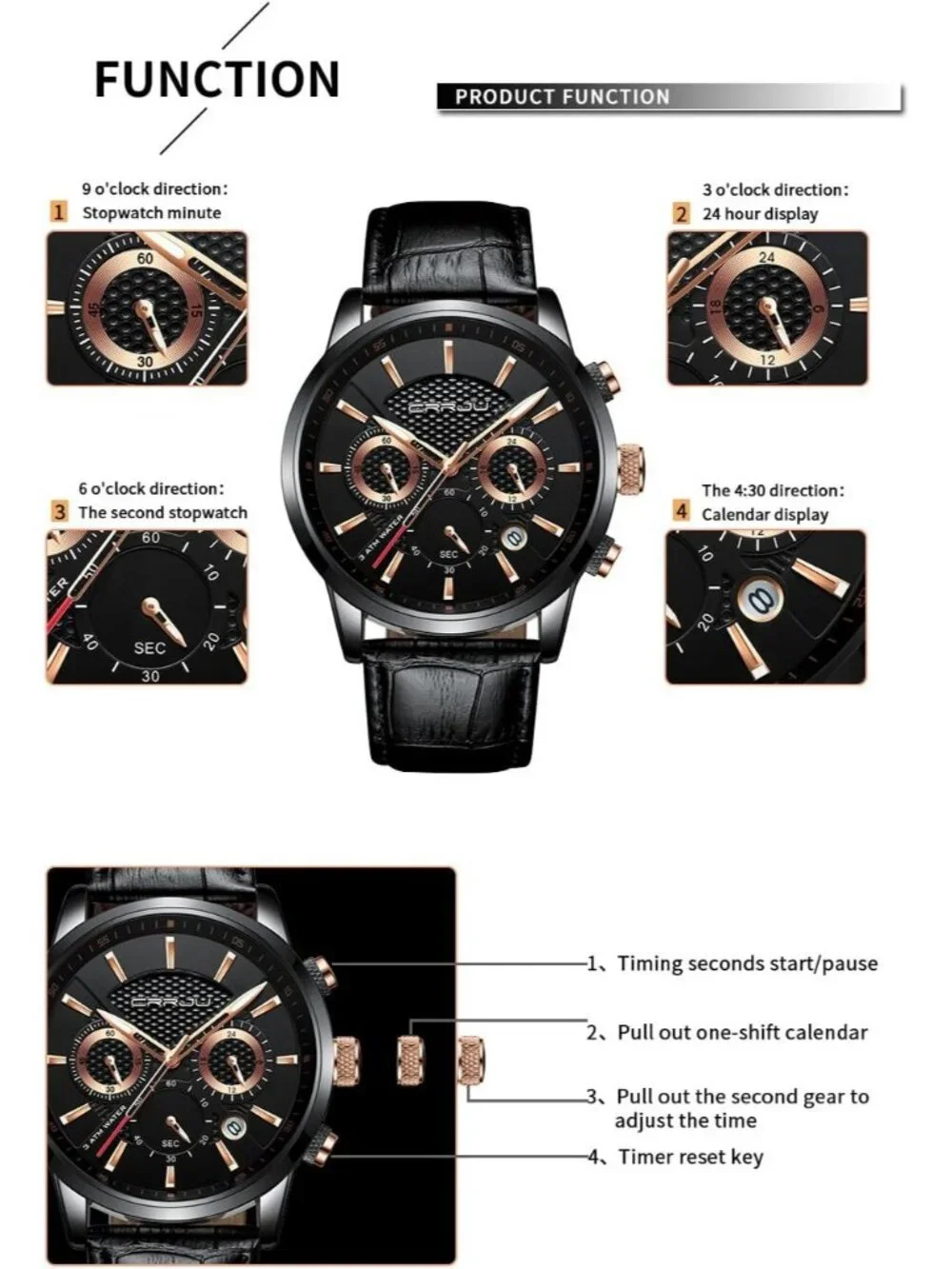 Men's Black Gold Leather Strap Casual Chronograph Quartz Waterproof Wrist Watch